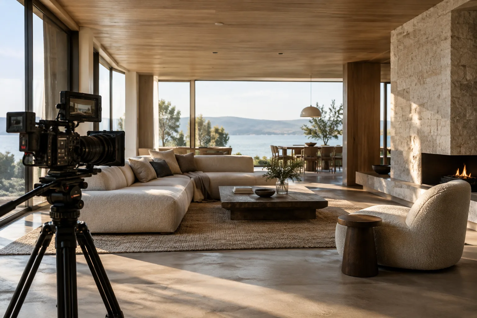 A contemporary, sunlit interior framed by a camera on a tripod