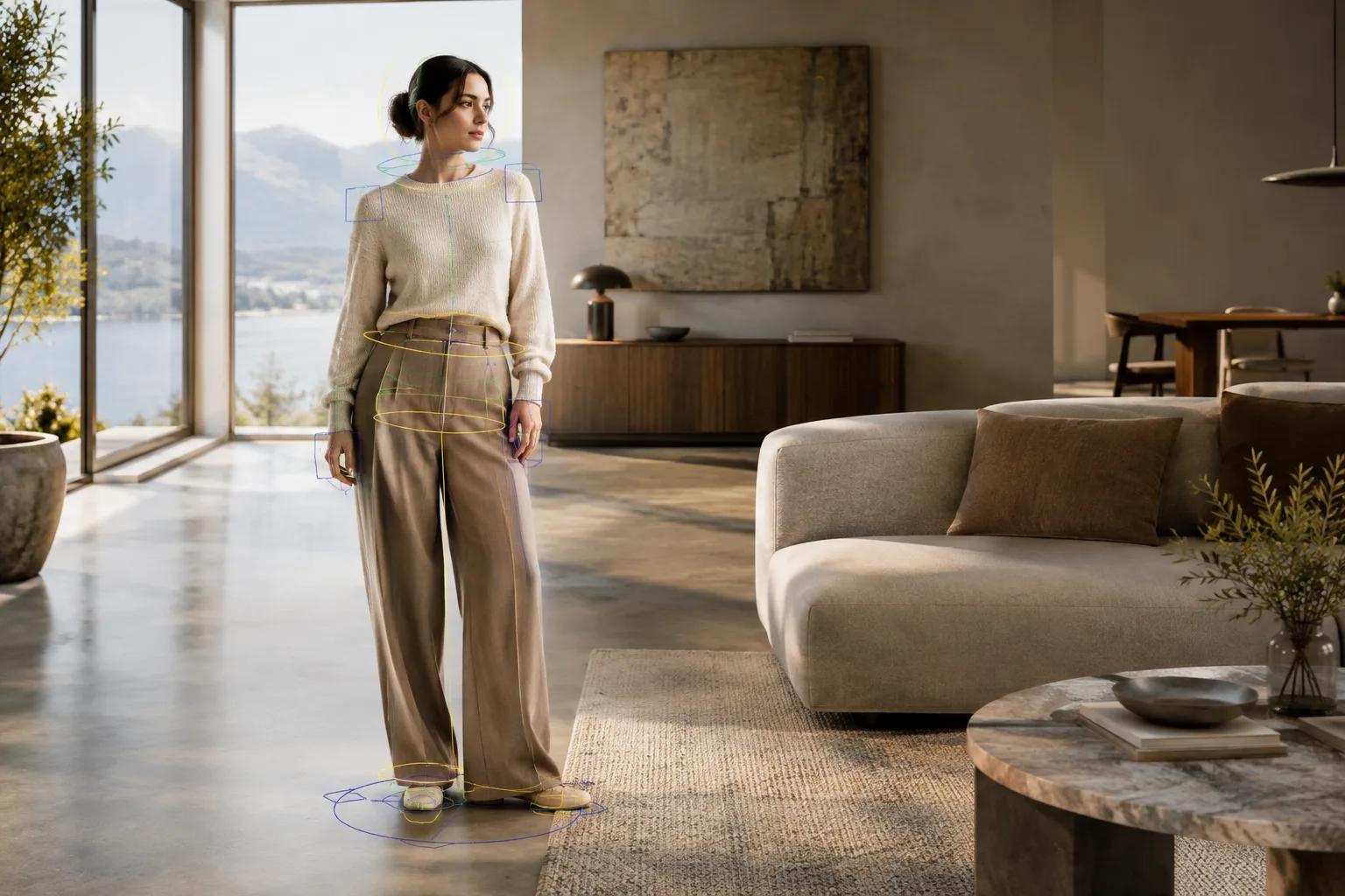 An archviz scene showing a character model and rig controls in a contemporary interior