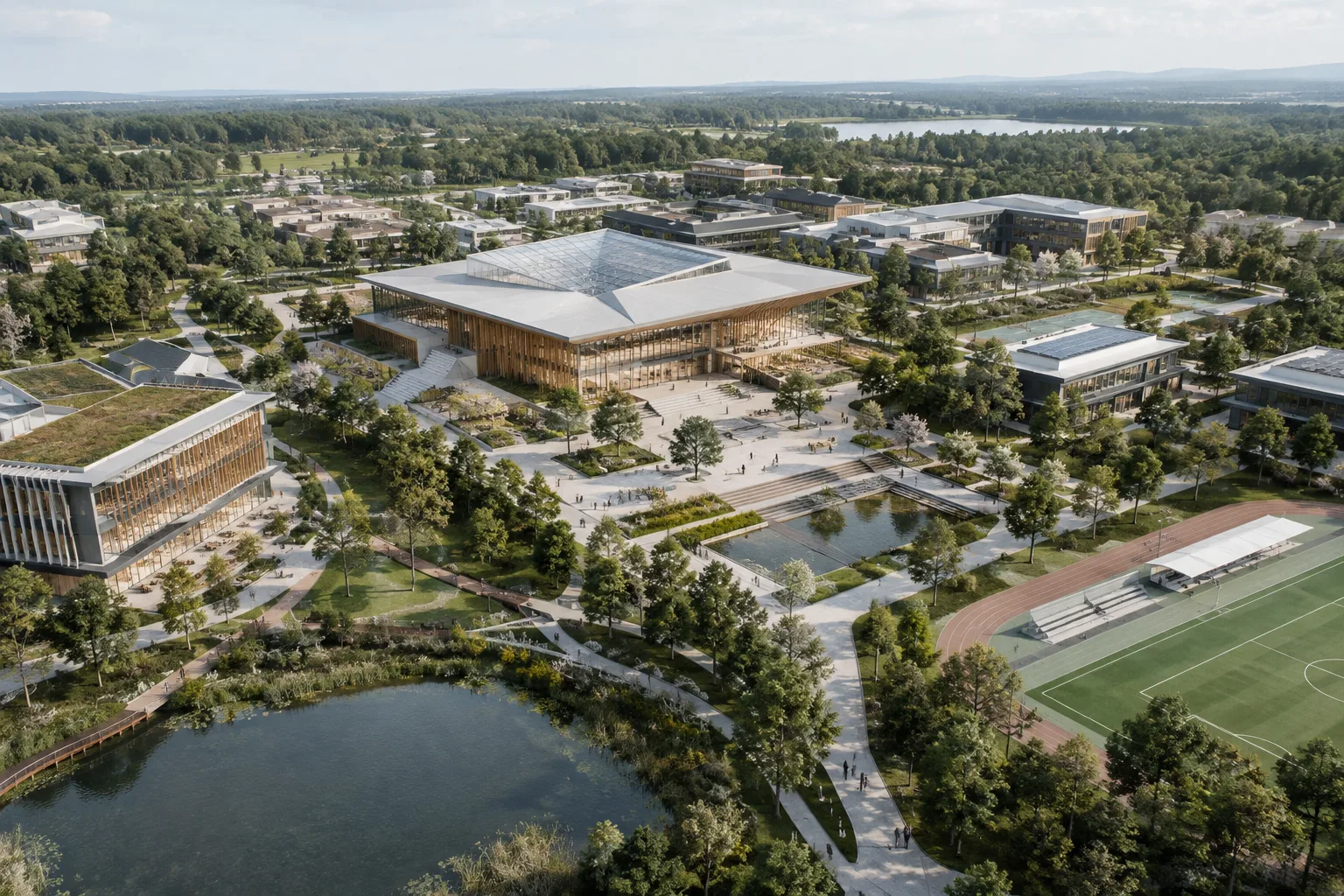 Architekturvisualisierung eines weitläufigen Campus, die an eine geschichtete Szenenorganisation erinnert