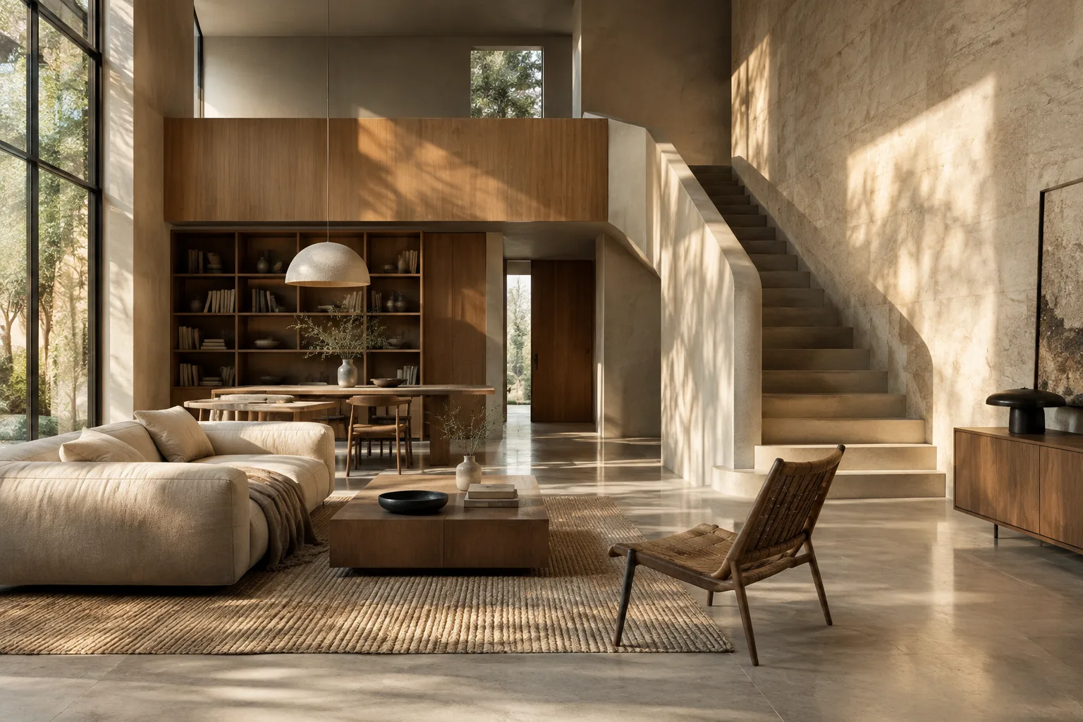 Modernes Interieur mit realistischen Schatten und Oberflächen, beleuchtet von weichem Tageslicht