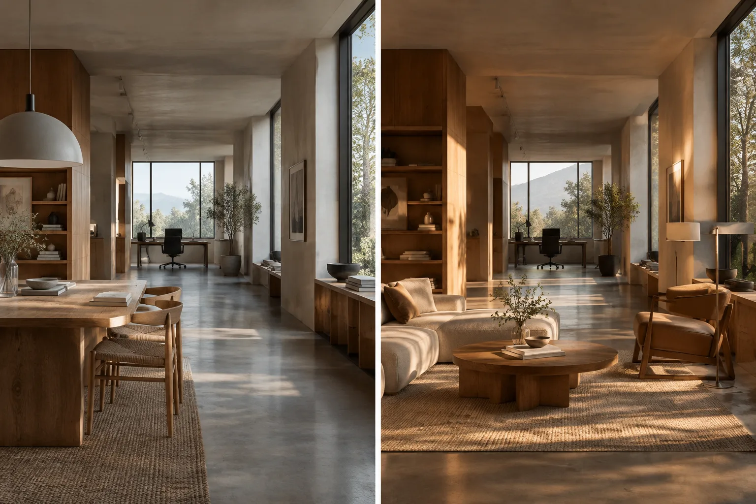 Un intérieur contemporain présenté avec différents agencements d’éclairage et de mobilier