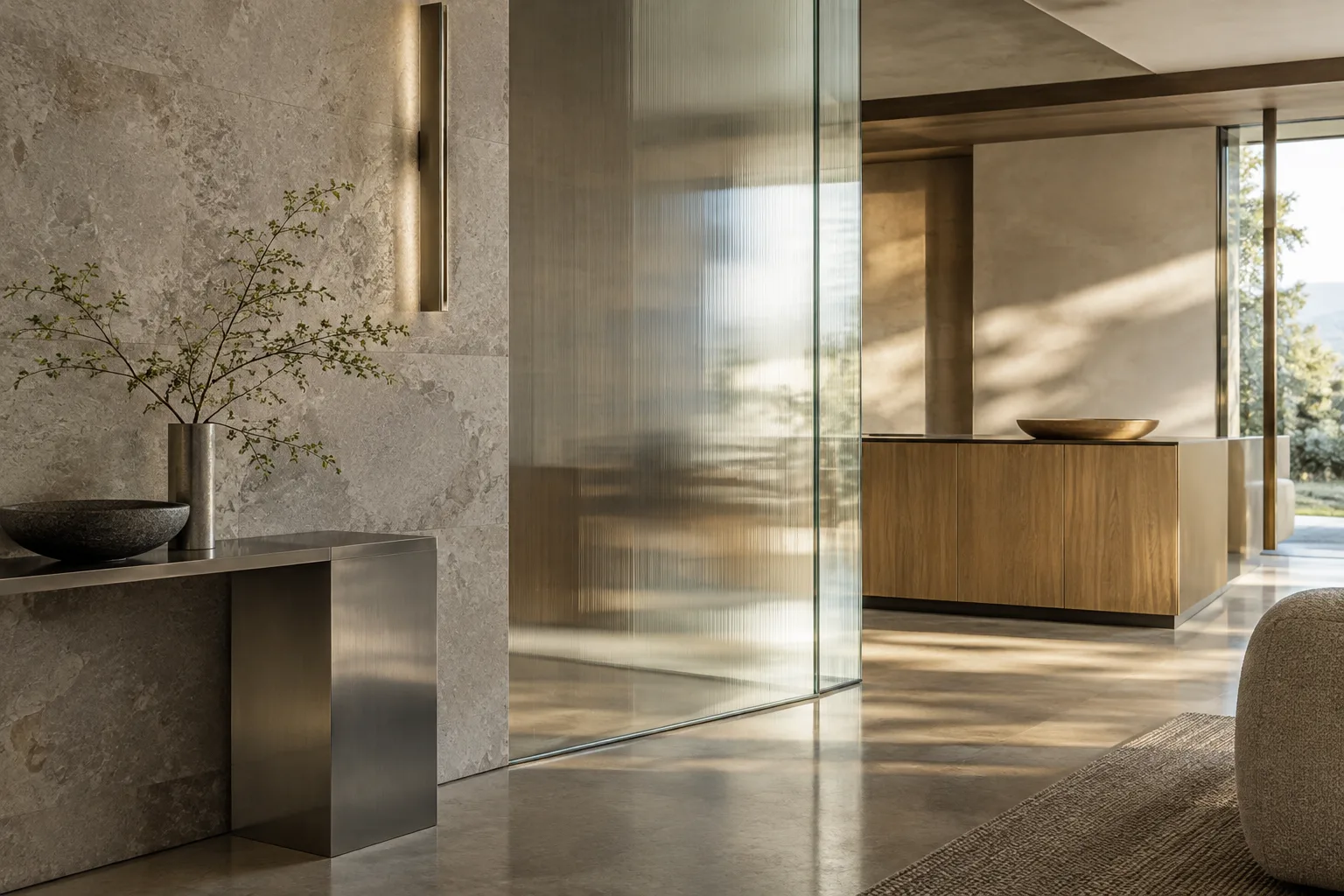 Visualización de un interior contemporáneo con superficies de piedra, metal cepillado, vidrio y madera