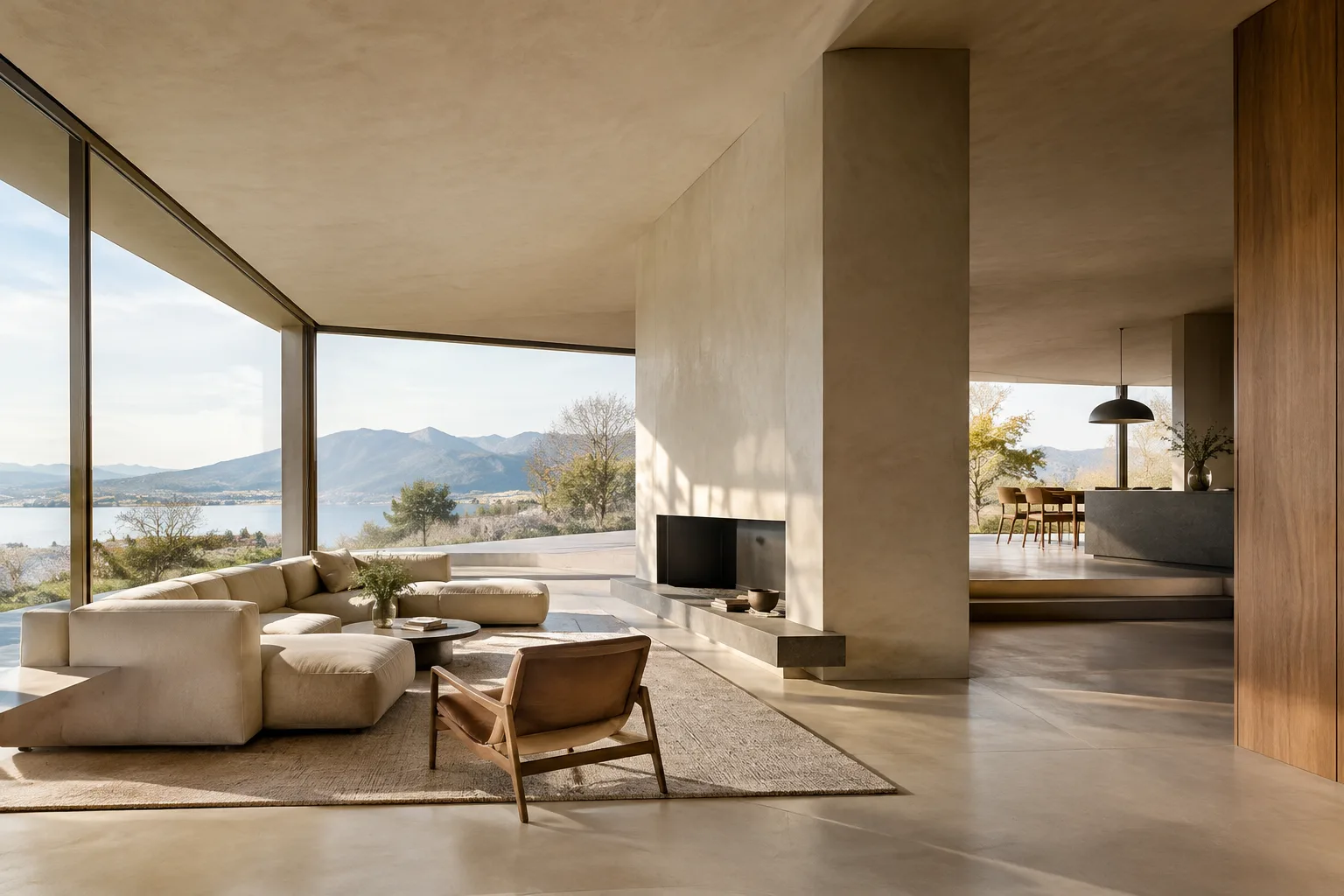 A contemporary interior pavilion designed with simple geometric forms in daylight