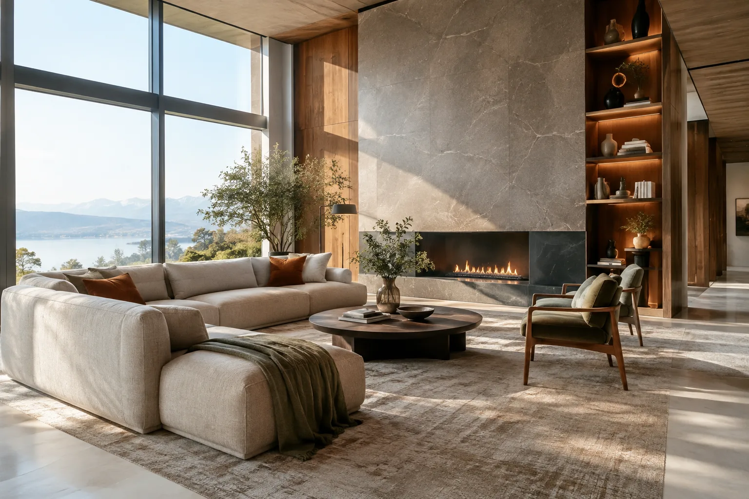 Visualización de un interior contemporáneo con iluminación por capas y materiales realistas