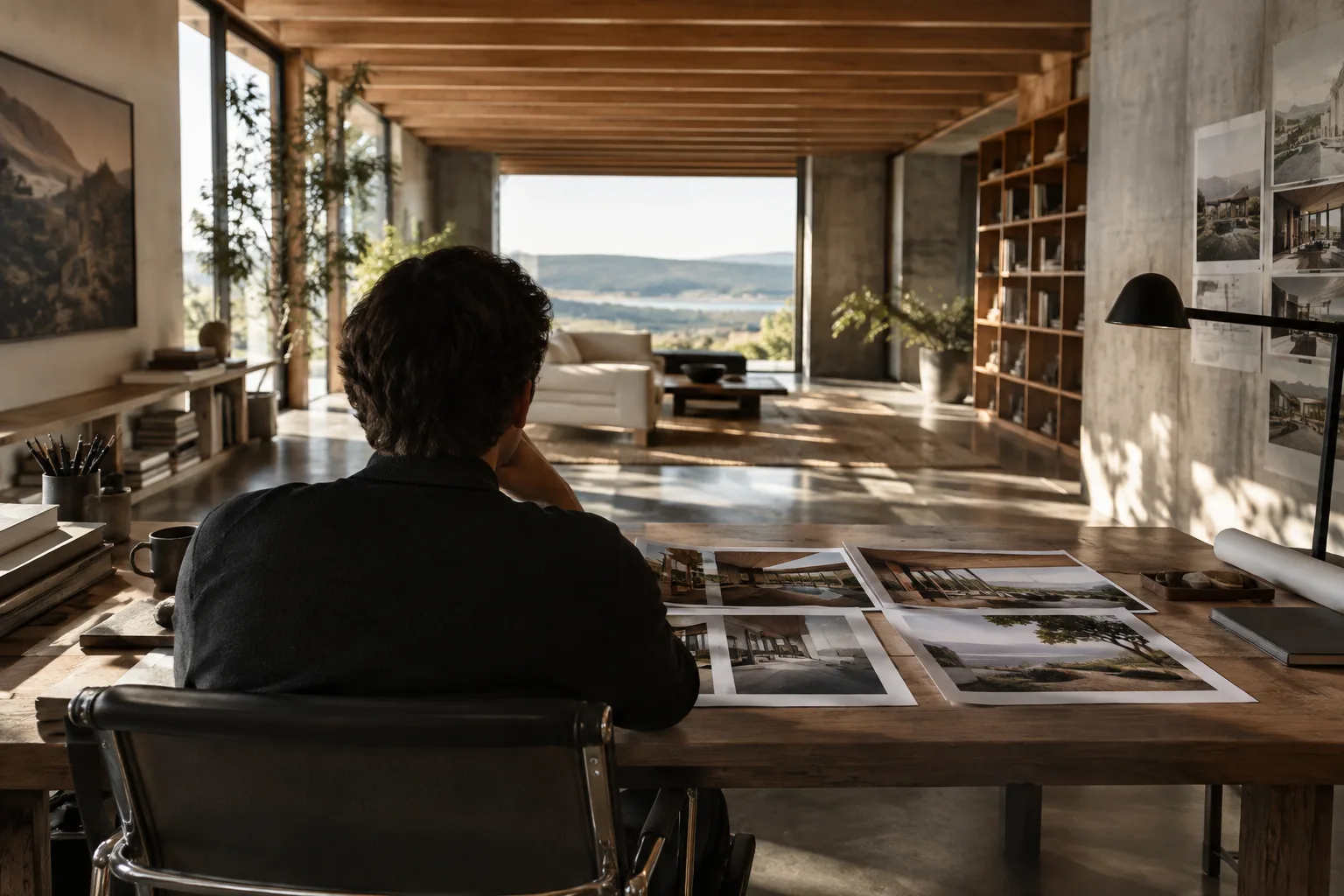 Gün işığı alan müasir interyer və render kadrlarını xatırladan iş masası