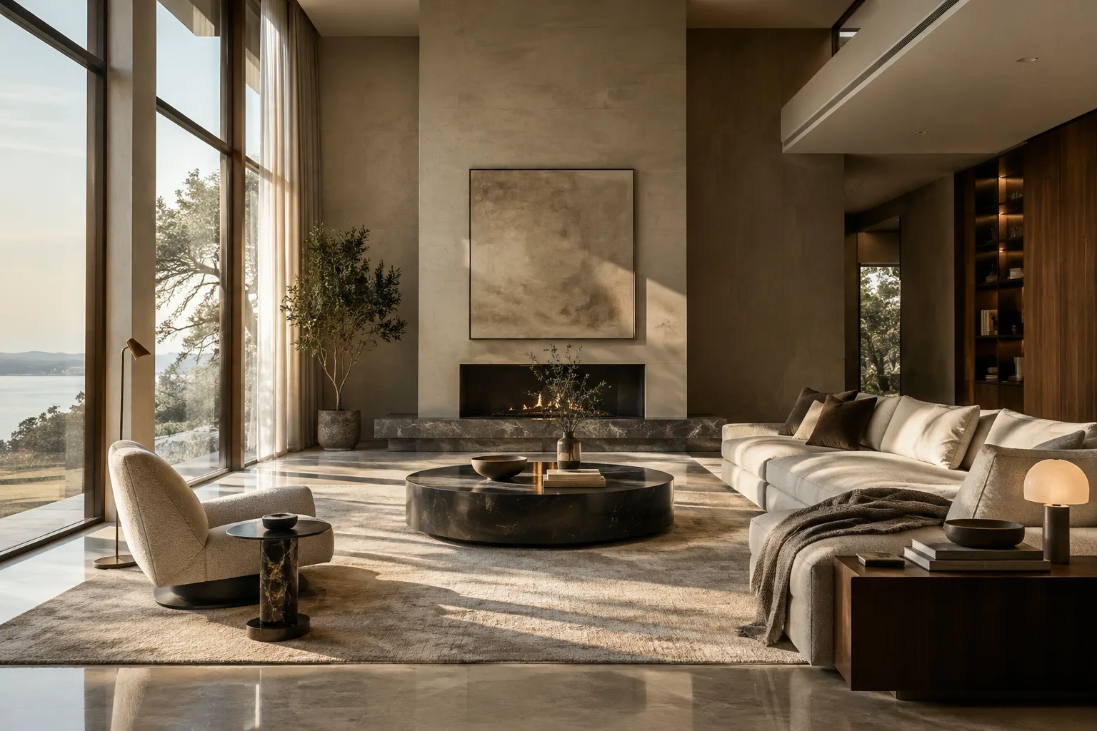 A contemporary interior render illuminated by daylight and reflections