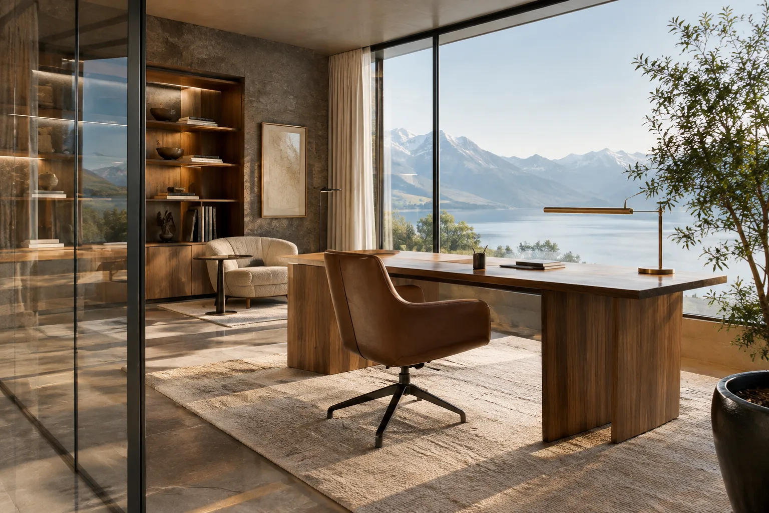 A contemporary interior filled with daylight, featuring a glass partition and balanced reflections
