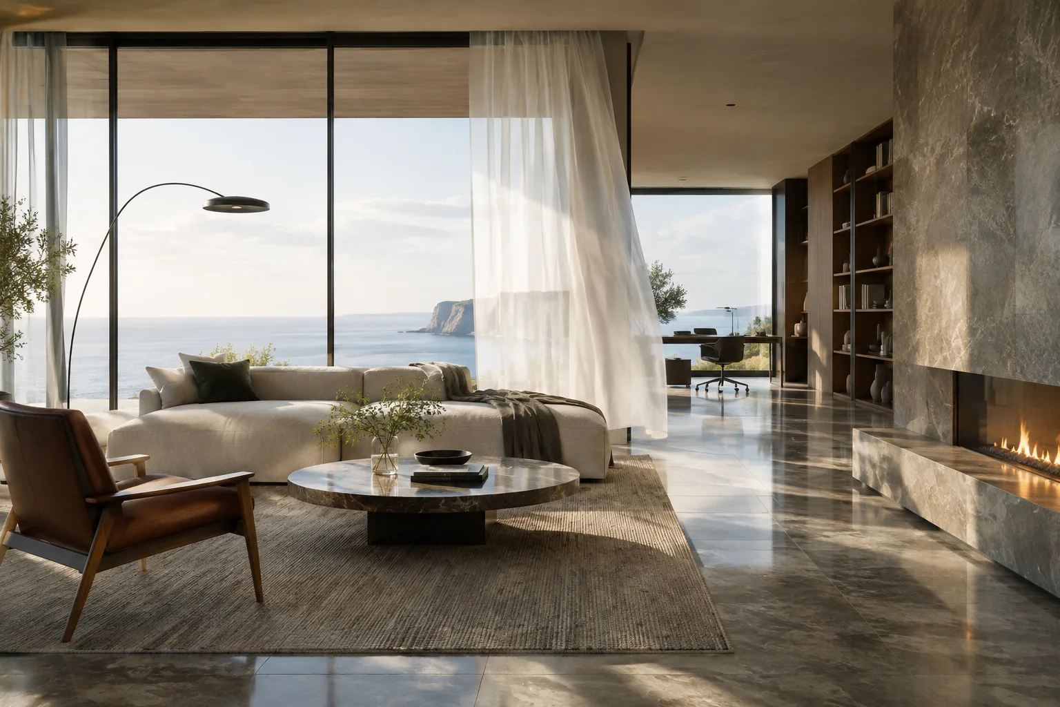 A contemporary interior visualization filled with daylight, prepared for offline rendering