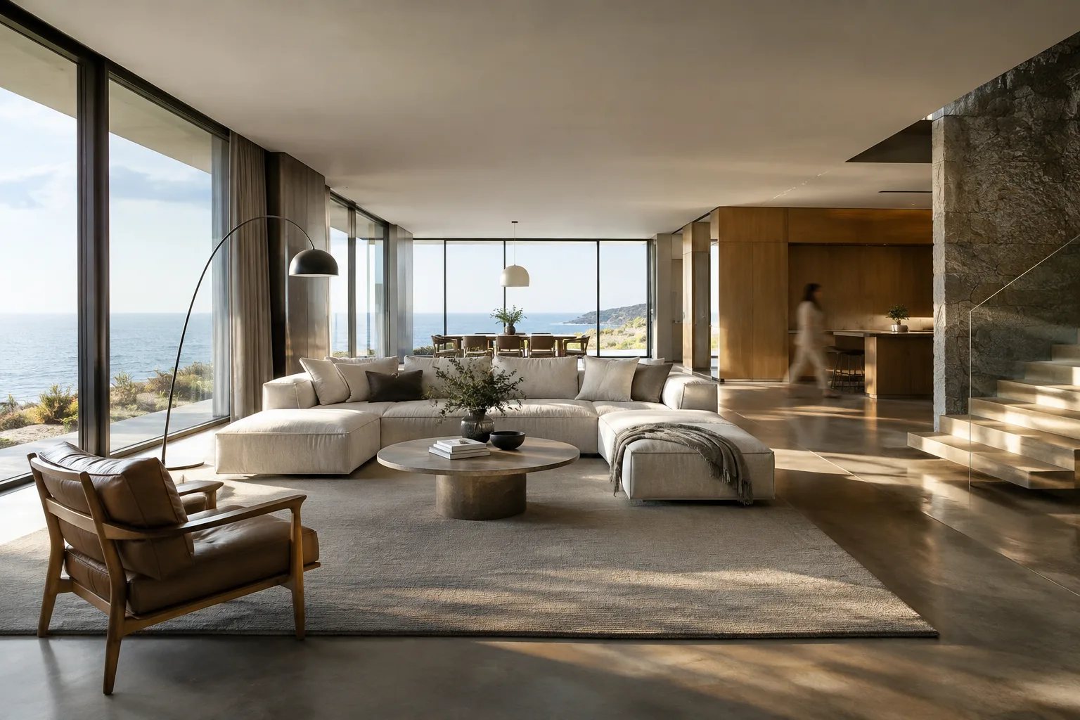 Cinematic architectural visualization of a contemporary interior filled with daylight