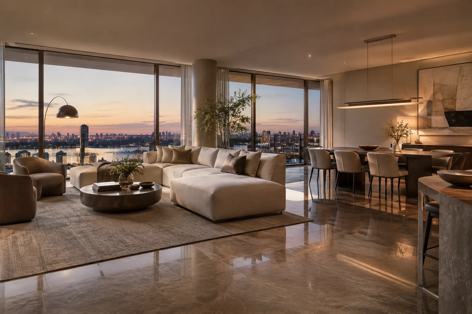 Interior contemporáneo renderizado con iluminación suave y reflejos realistas