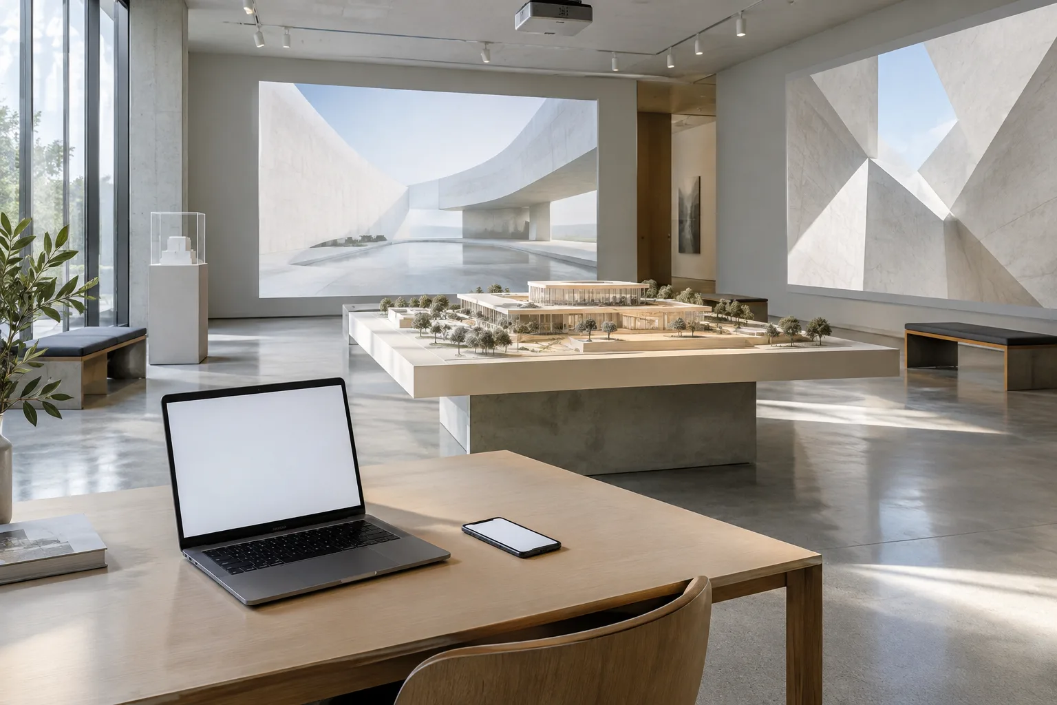 A laptop and phone viewing an architectural scene during a contemporary gallery presentation