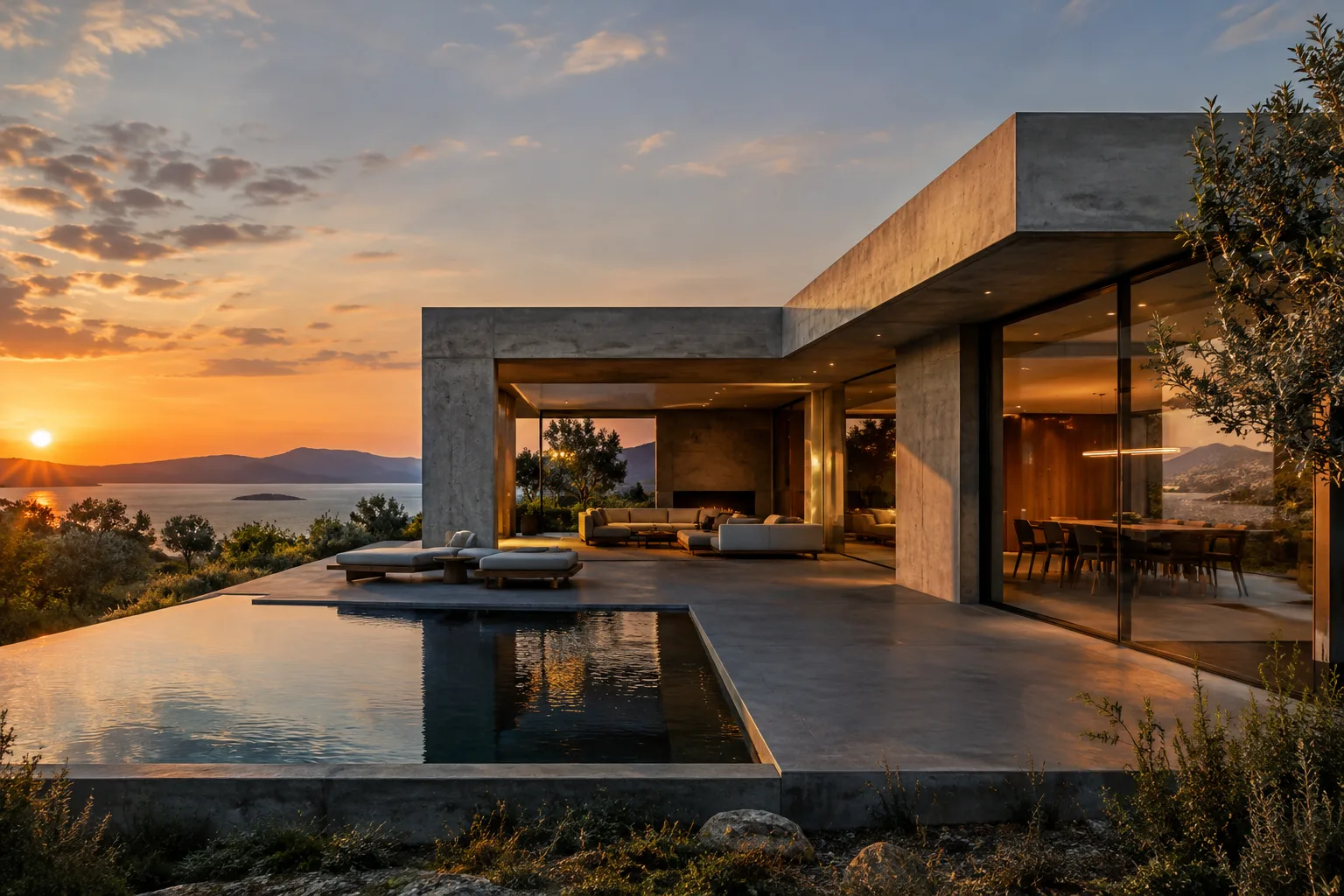 A contemporary concrete pavilion with pronounced light and shadows at dusk