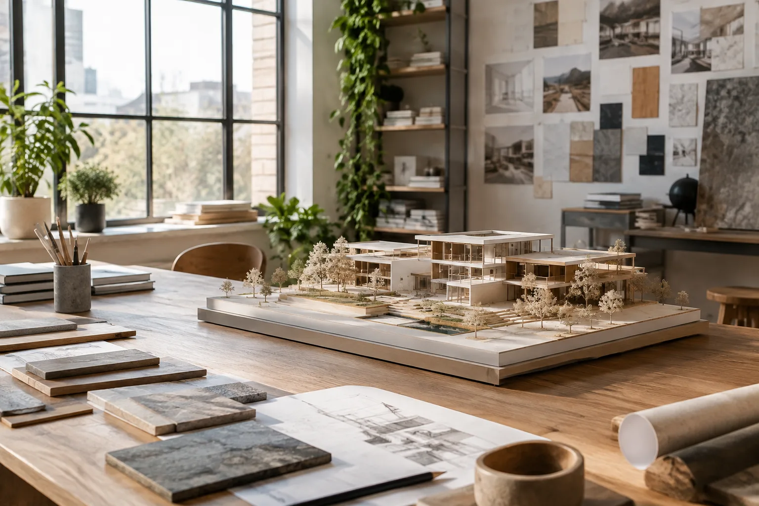 Modernes Designstudio mit Architekturmodell und Materialmustern
