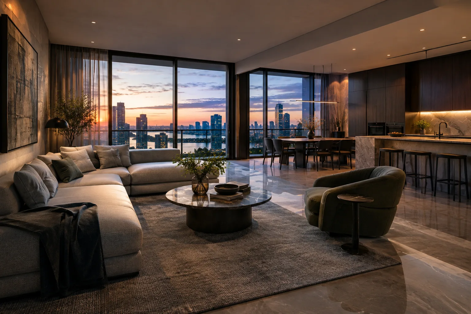 A contemporary apartment interior lit by indirect light and reflections
