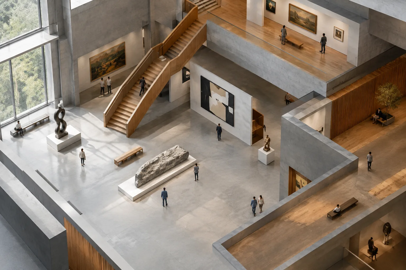 Contemporary museum interior presented from an orthographic angle, with restrained architectural details
