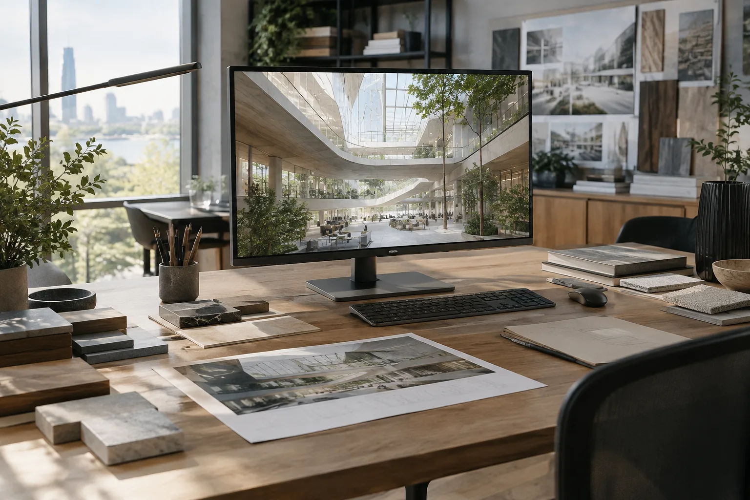 Zeitgemäße Innenraumszene in einem Arbeitsbereich für die Performance-Analyse in der Architekturvisualisierung
