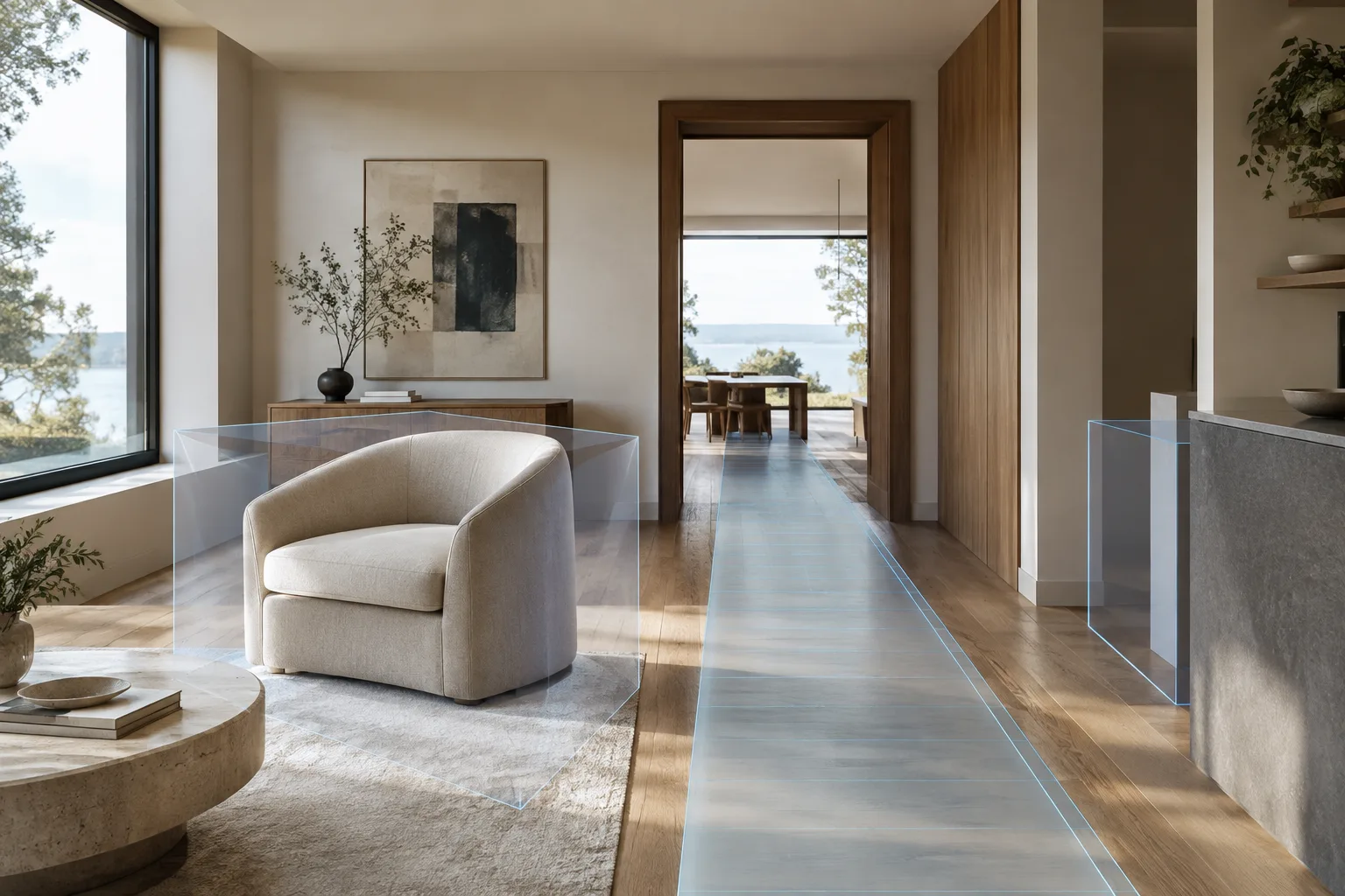 Architectural visualization of a chair, doorway, and circulation area in a modern interior