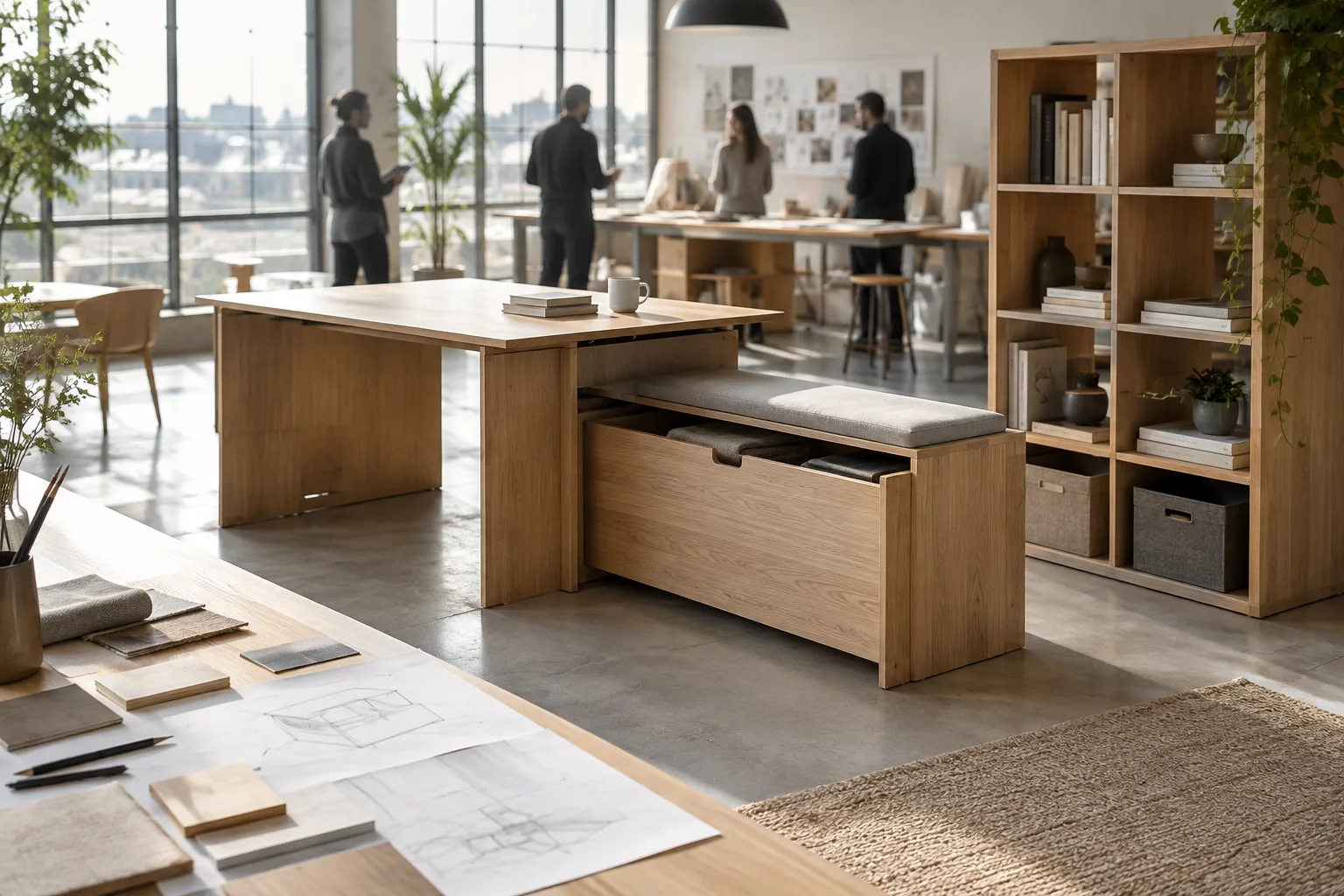 A transformable furniture concept and material samples in a bright design studio