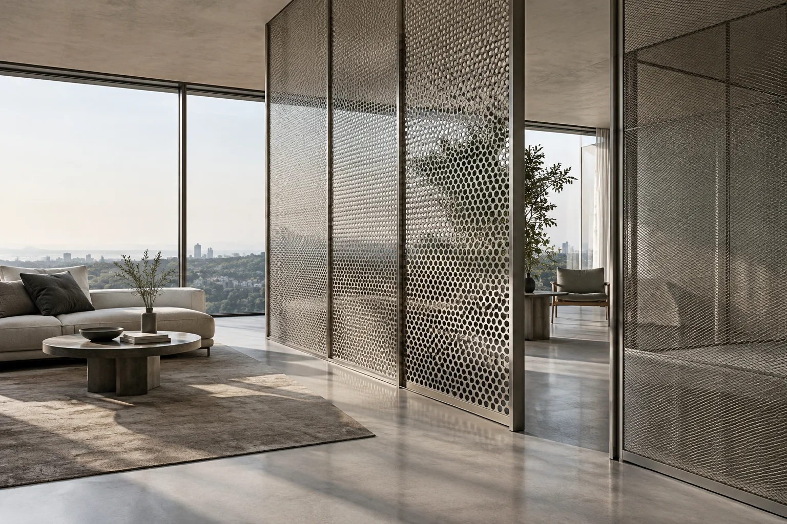 Surface en métal maillé répétitive dans un intérieur contemporain baigné de lumière naturelle