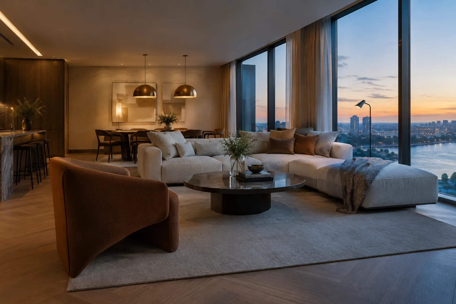 Contemporary interior visualization with warm and cool lighting options at dusk