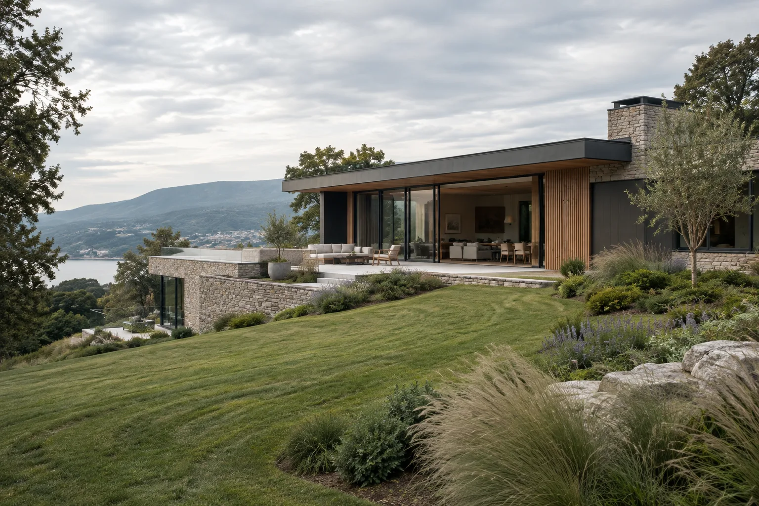 Contoured site with a terrace, lawn, and groups of plants beside a contemporary building