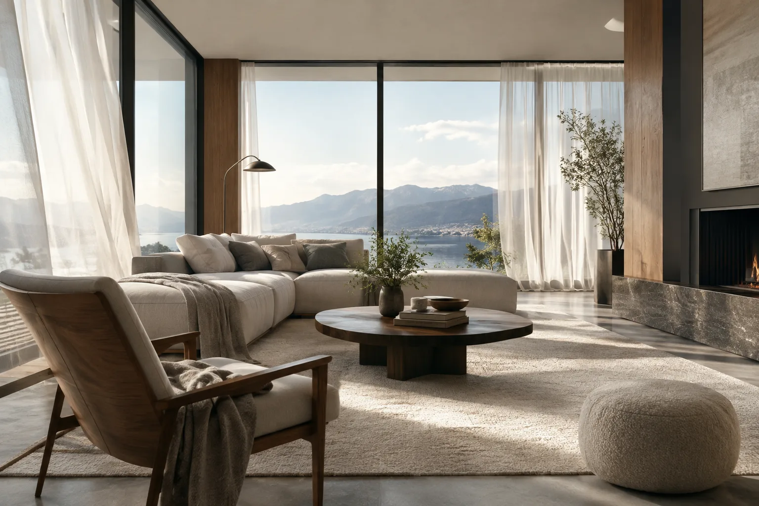 A contemporary living room filled with daylight, suggesting gentle camera movement