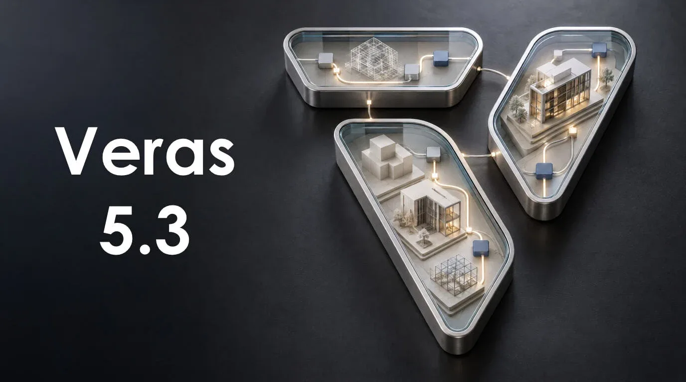 عنوان Veras 5.3 بجوار شعار Veras المصنوع من ألواح زجاجية تحمل نماذج معمارية تربط بينها أسلاك عقد متوهجة.