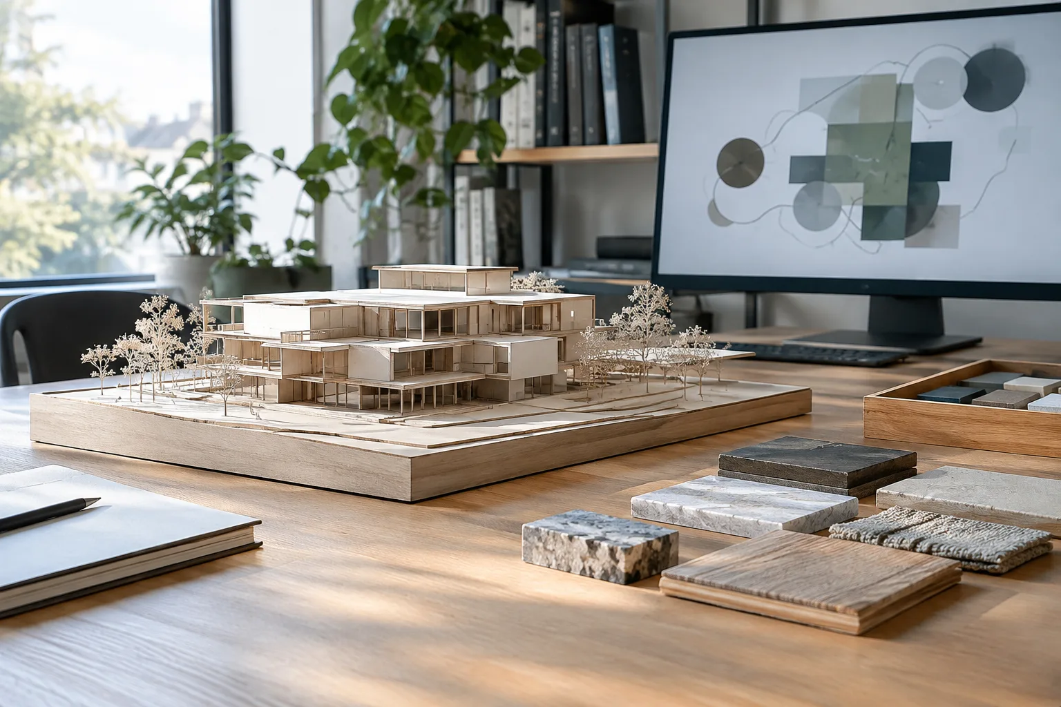 Mimari stüdyoda parametrik kütle modeli ve malzeme örnekleri