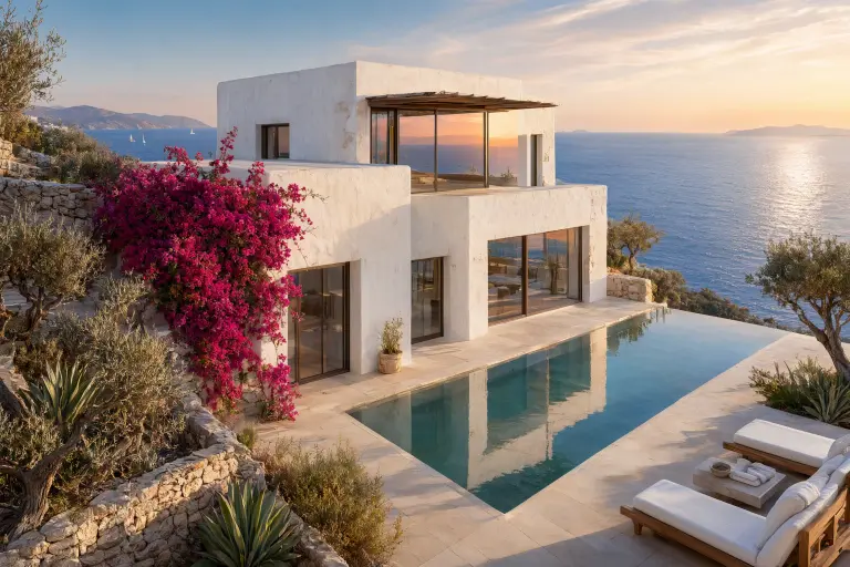 Qwen-Image 3.0 Pro — Bodrum’da taş villa ve havuz